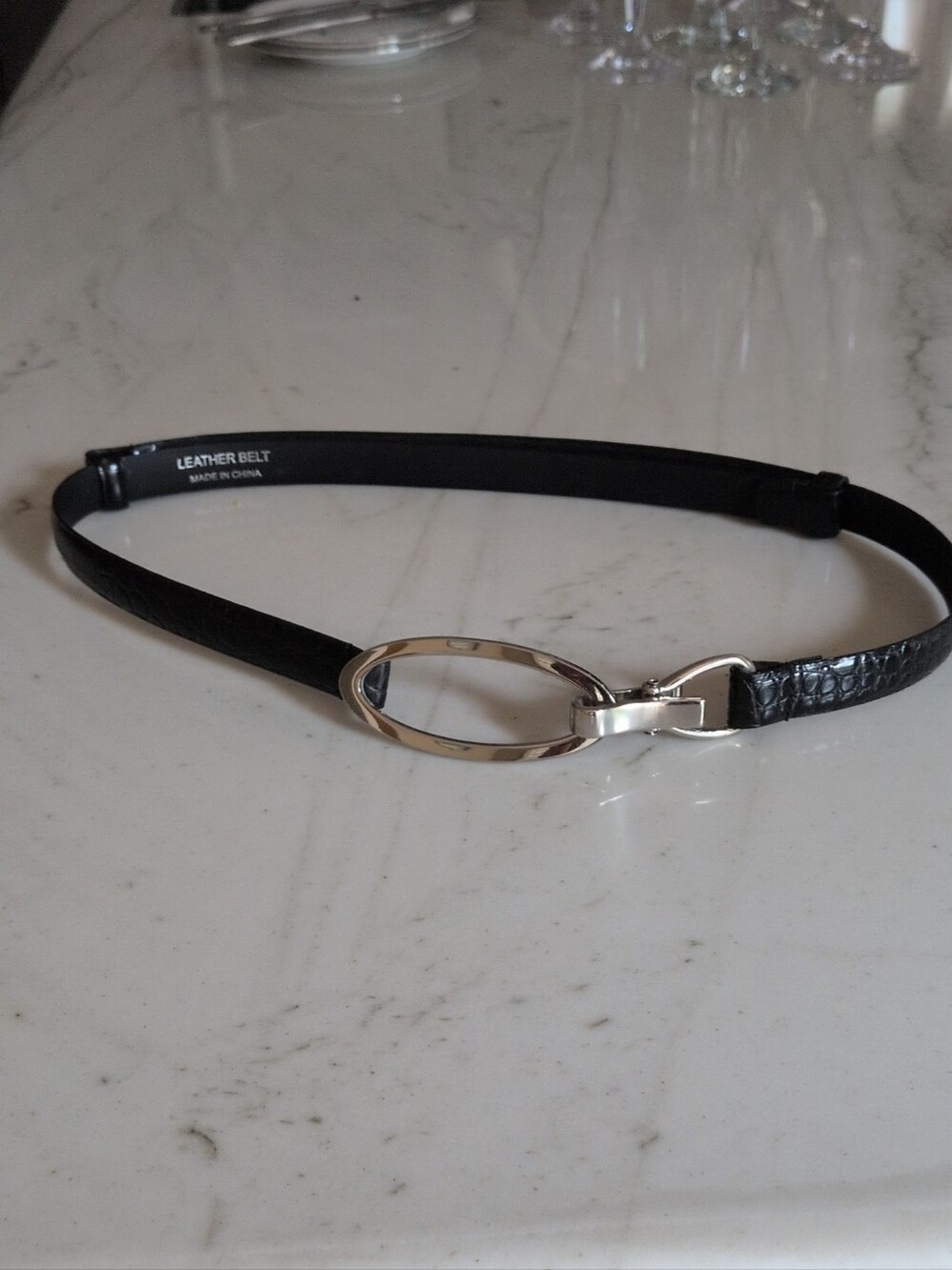 White House Black Market Black Leather Slim Belt with Silver Oval Buckle